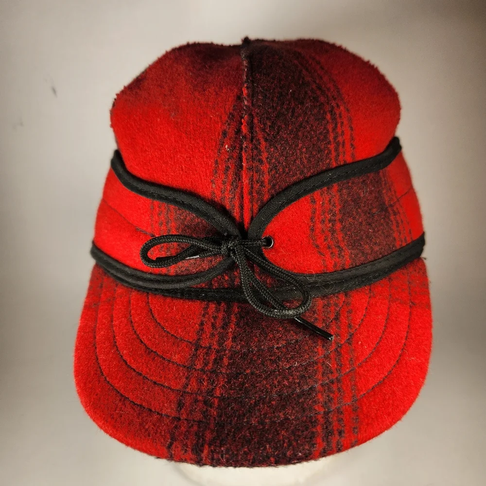 VTG STORMY KROMER Trapper Hat Men's 7 1/4 Red Hunting Wool Plaid Lined Made USA - Picture 2 of 11